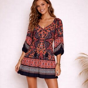 En Focus Boho Floral Mini Dress Tassel Tie Navy Orange.